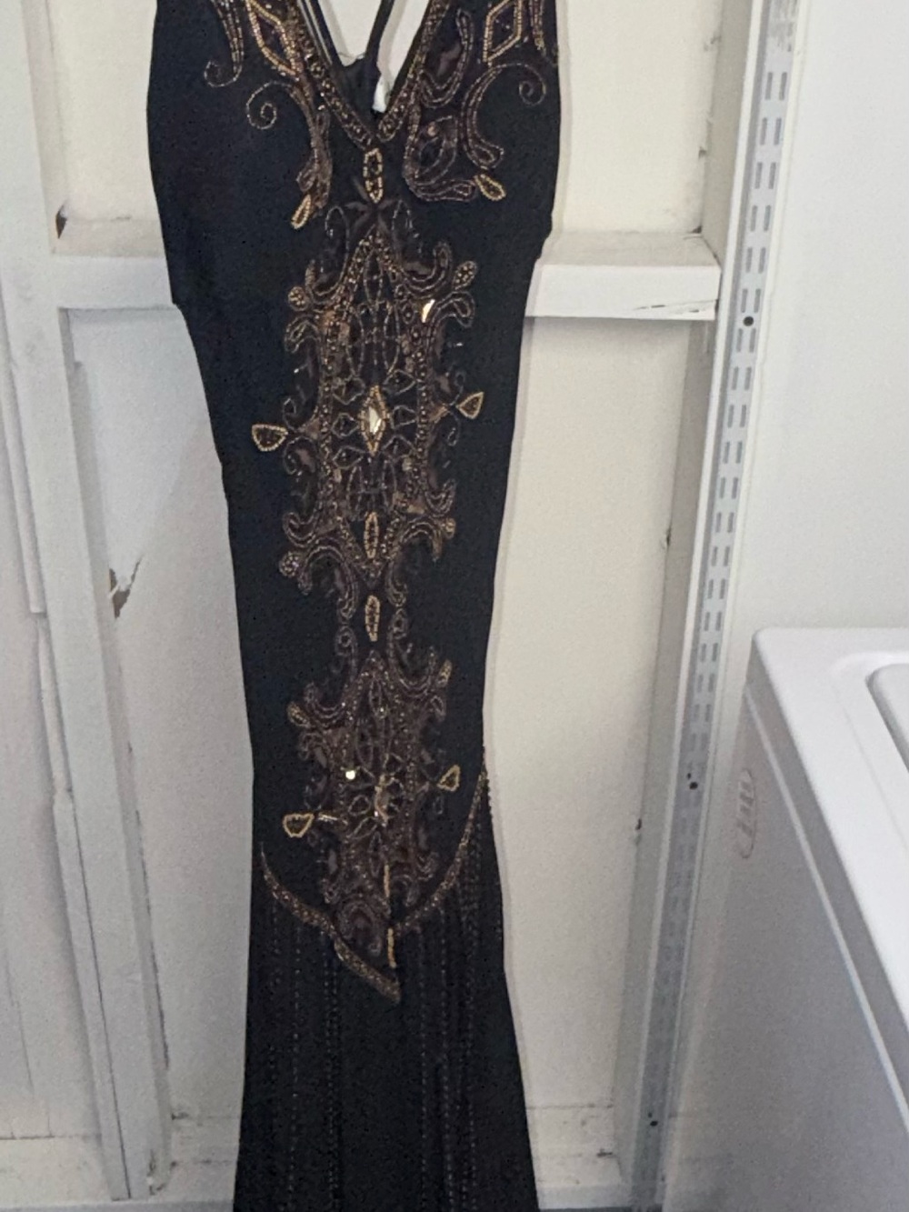 Cache Black Evening Gown with Gold Bead Embellishment